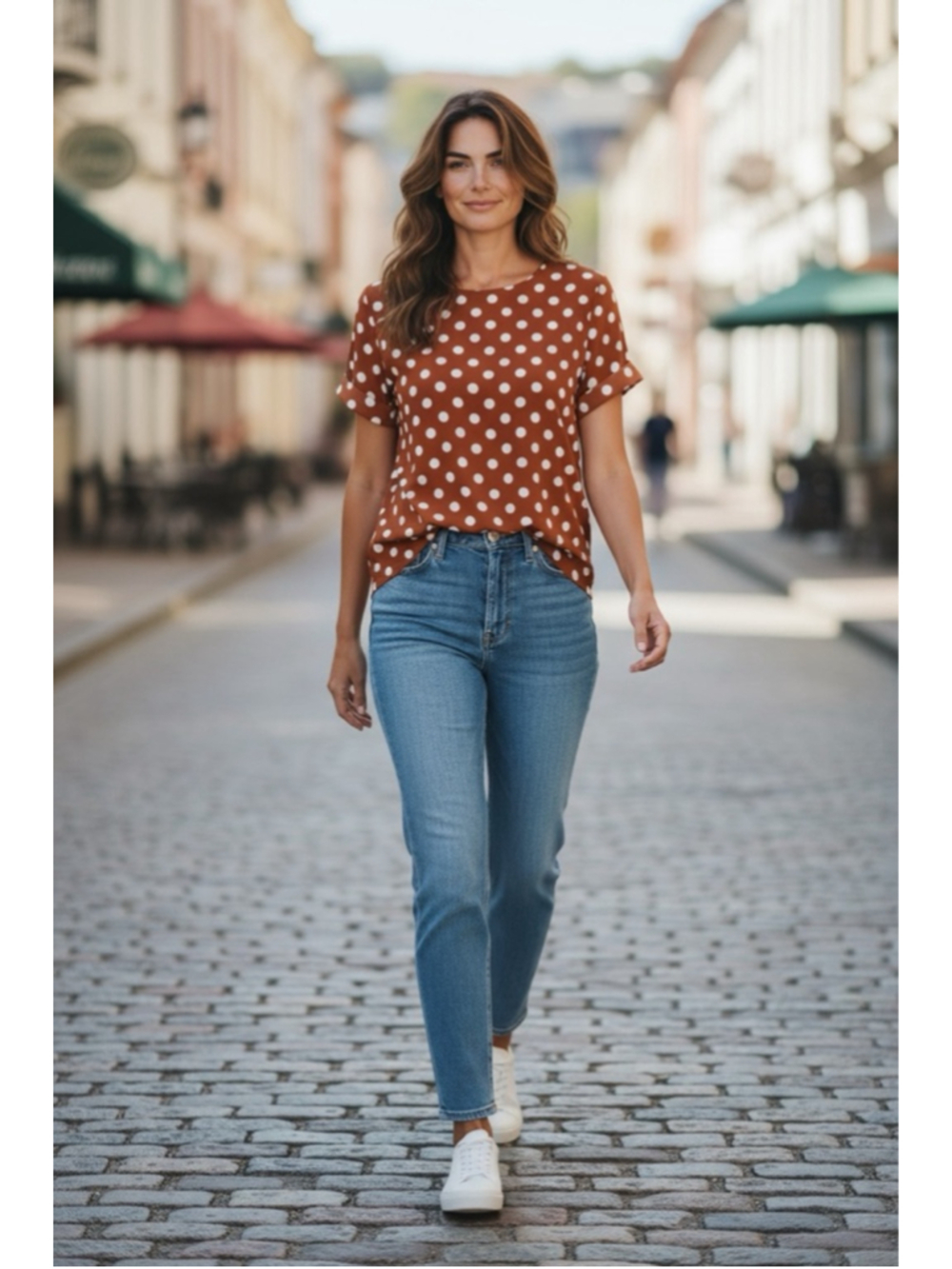 Women's CODE MODE Brown & White Polka Dot Short Sleeve Tee L